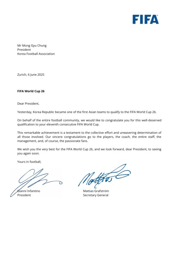 FIFA祝贺韩国连续第11届晋级世界杯：实至名归，了不起的成就
