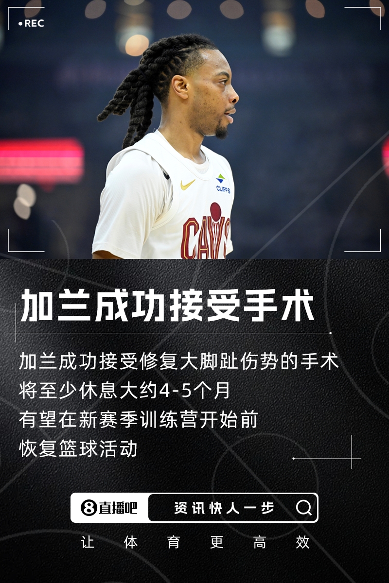 骑士官方：加兰接受了大脚趾手术 将至少休息4-5个月