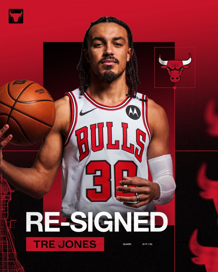 公牛官推晒照欢迎特雷-琼斯回归：我们和特雷-琼斯续约了